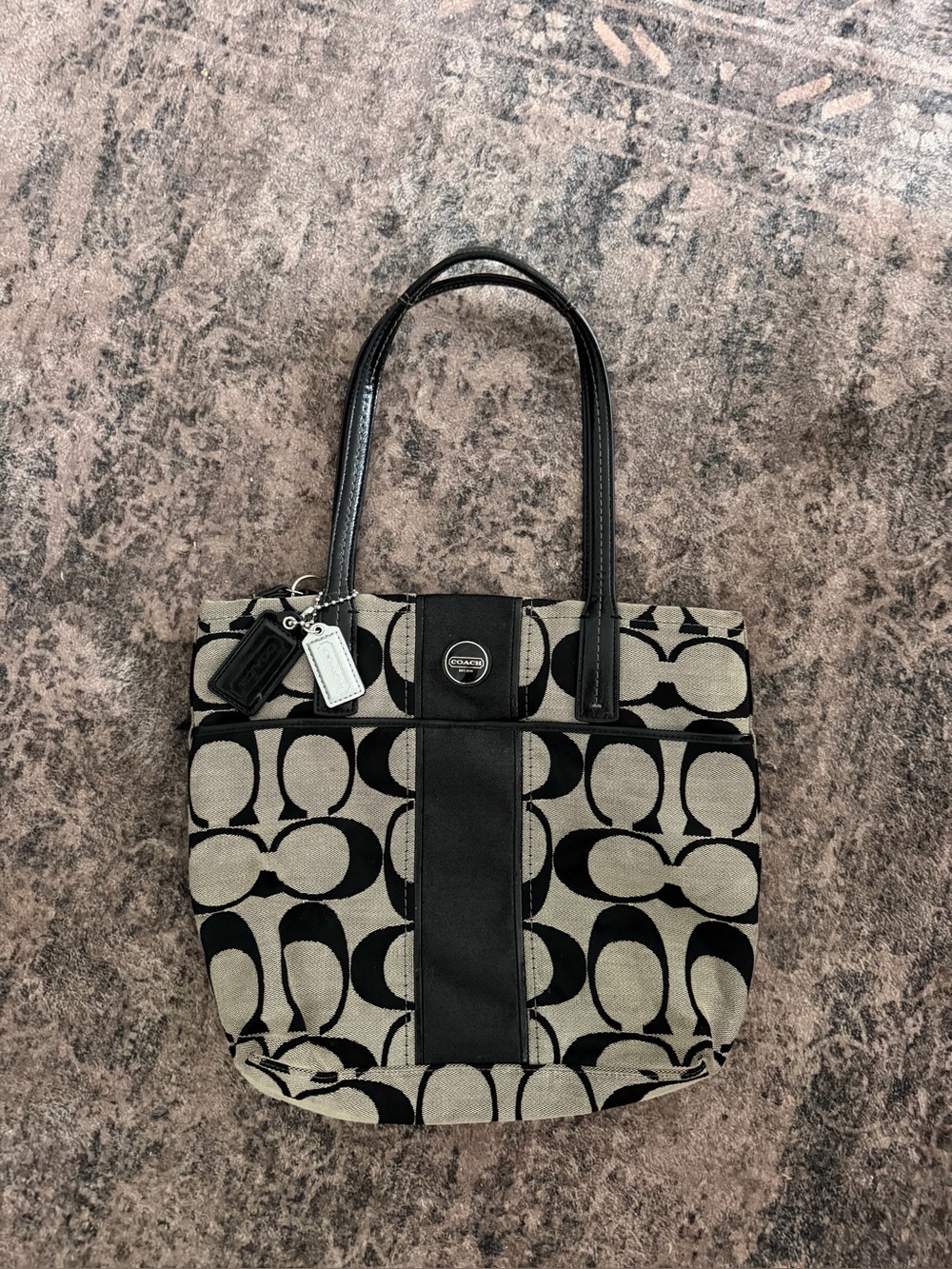 Coach Black and Cream Signature Canvas Tote with Leather Trim